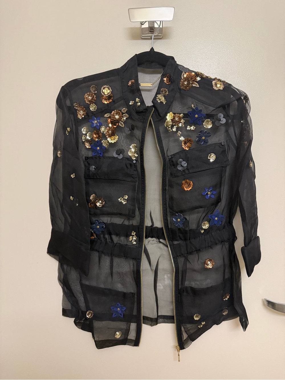 Elie Tahari Black Sheer Floral Sequin Utility Jacket